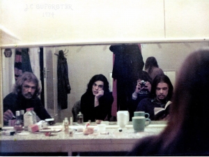 Richard Karl, Bill Miller (the Ferrets) and Barry Ferrier in the Dressing room, Capitol Theatre 1974, pre-show moment , Jesus Christ Superstar. Stevie Wright back to the camera. They became three of the four members of the band Passage. (see the video clip below)